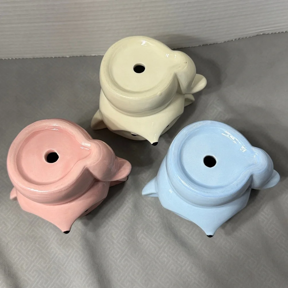 Set of 3 Fox Shaped Ceramic Planters Pink Blue Cream Small Potted or Air Plants